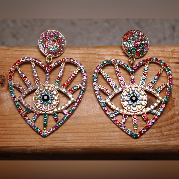 53J. Evil Eye Multi Rhinestone Heart Earrings - Picture 1 of 2